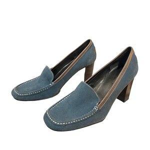 Nine West Womens 9.5M Block Heels Loafers Pump Gray Leather Slip On